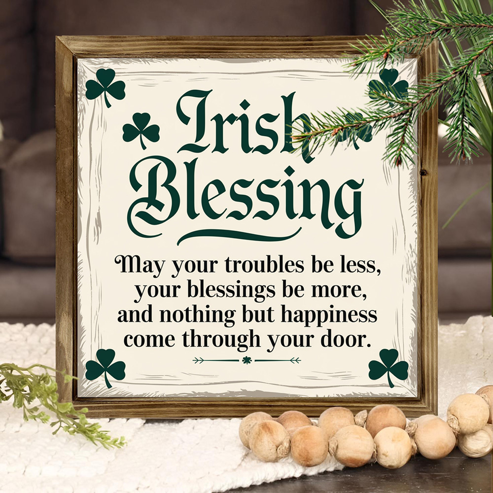 

1pc Rustic 8x8" Wooden Sign With Frame - "may Your Troubles Be Less" Inspirational Quote & Design, 's Day Decor In Living Room, Cafe, Garage - Ideal Gift, Irish Home Decor