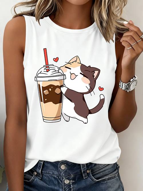 item picture cool vest cute cat print sleeveless top casual versatile daily outing trendy style