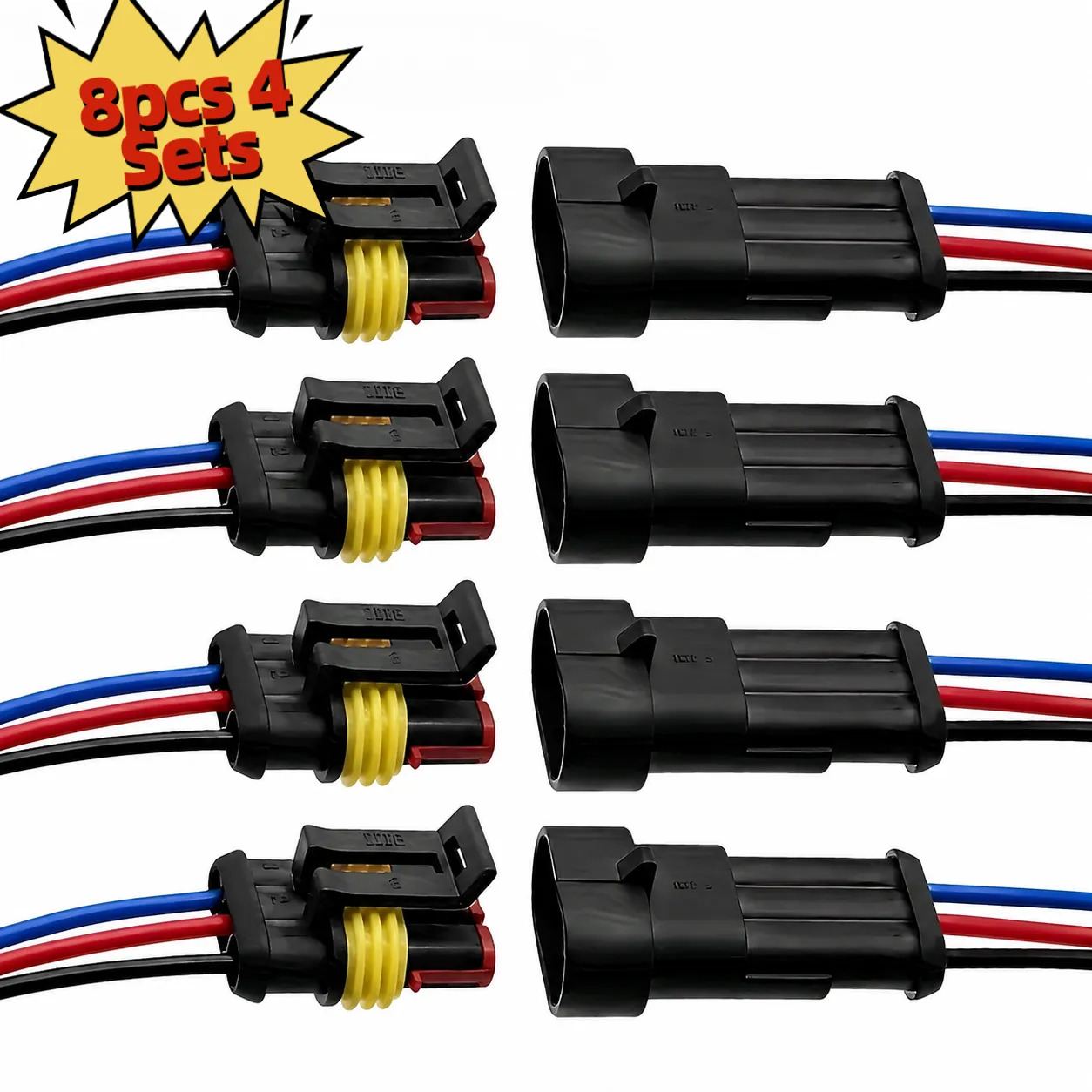 TEMU 8pcs 3-pin Car Wire Harness Connectors, High Quality Quick Connect Terminals, Male Female Plug Design Compatible With 20awg Wire, Stable And