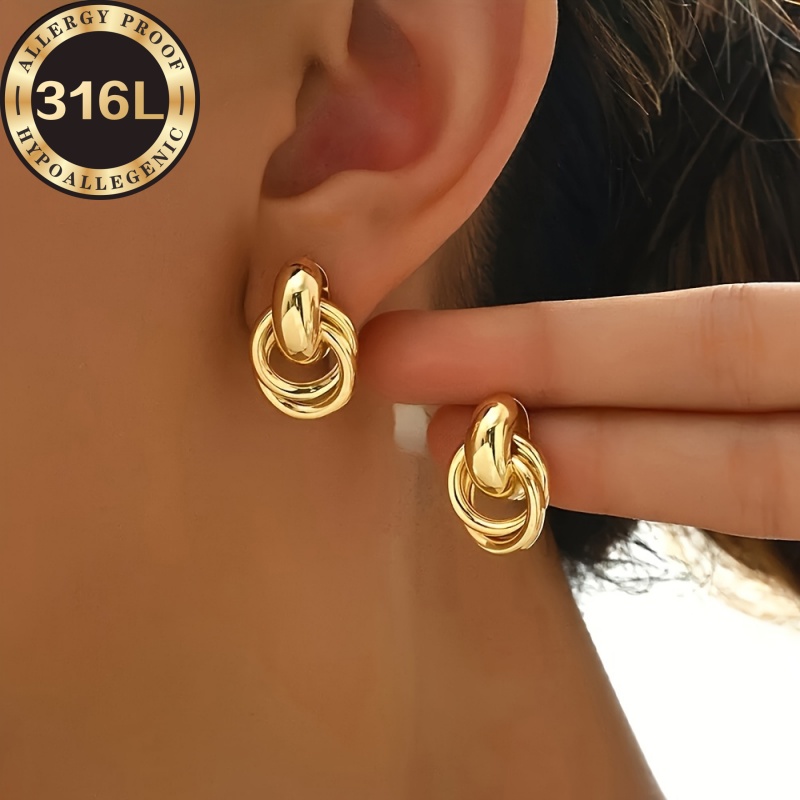 TEMU Pendientes dorados de acero inoxidable 316 de moda, estilo femenino, hipoalergénicos, cómodos y ligeros, diseño elegante, accesorio , adecuados