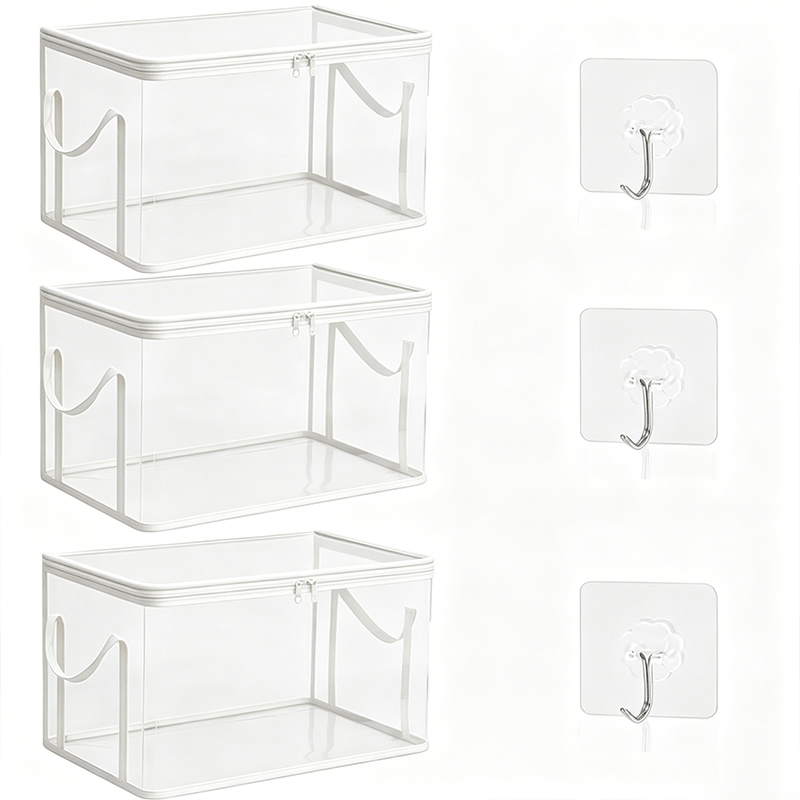 TEMU 6pcs/3set Large Transparent Thickened Plastic Storage Bins And Hooks, With Hinged Lid, Large Capacity Books And Clothes Storage Box -