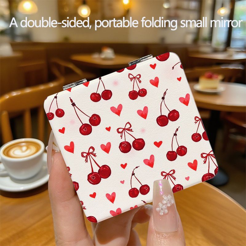 E-shop Kompakter Reise-Make-up-Spiegel - Doppelseitiger Klappspiegel mit Kirsch- & Herz-Muster, Tragbarer Quadratischer Taschenspiegel für Handtasche,