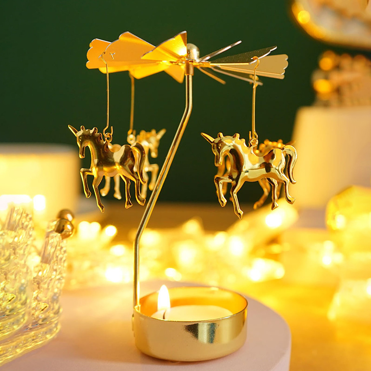 1pc Carousel Golden Hot Rotating Candlestick Ornament Metal Transfer Windmill Rotating Creative Halloween Christmas Gift