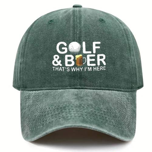 a printed baseball cap that golf and beer thats why im here this vintage washed adjustable dad hat is designed for golf enthusiasts and is suitable for men its a year round sporty accessory for golf courses