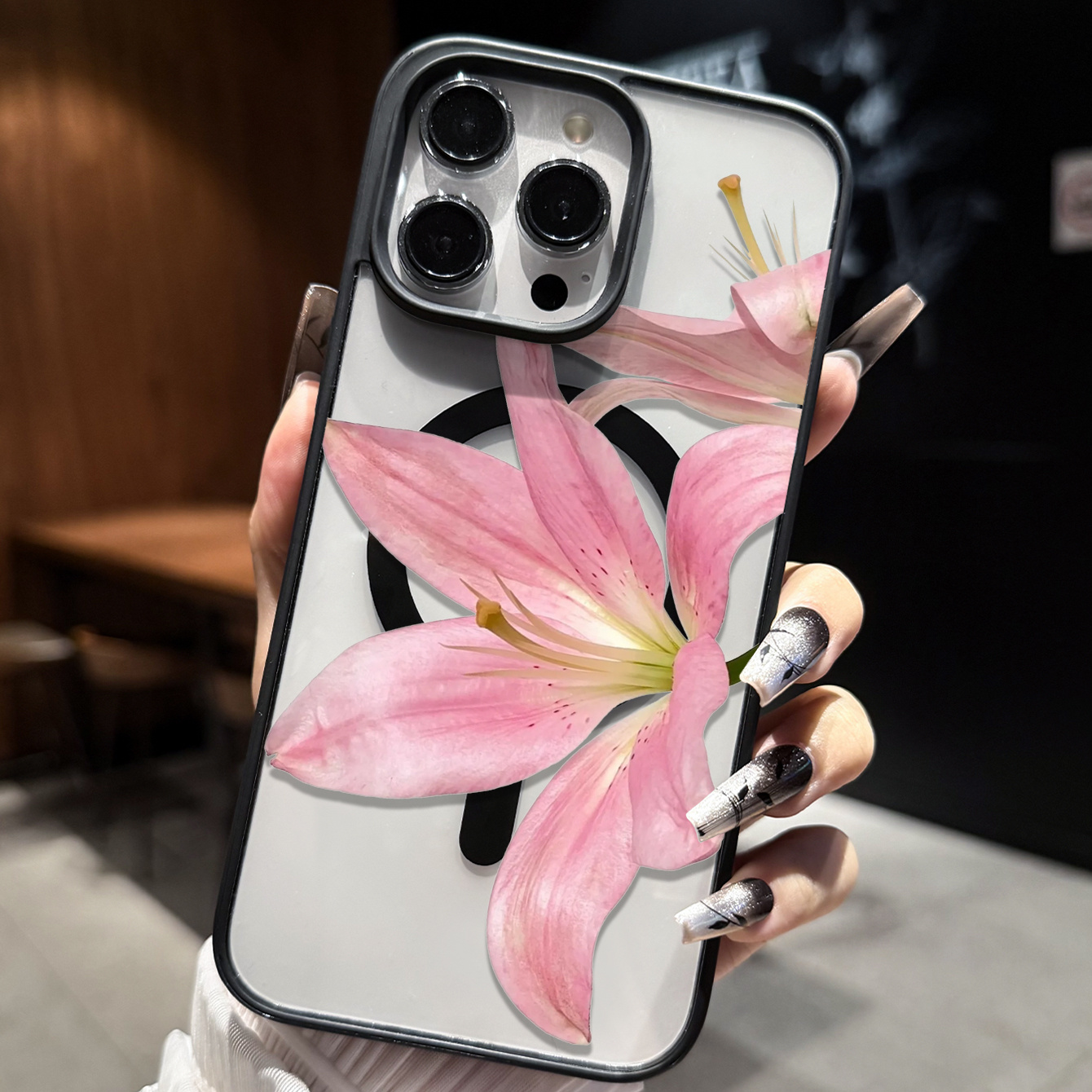 품목 사진 휴대폰 케이스 -   iphone 16 pro max, 15 pro 핑크 릴리 프린트, 14 pro 풀 커버리지 낙하 방지, 13   아크릴 광택 커버, 12 개인 맞춤 여성용 magsafe 무선 충전 얇은 비지문 방지, 11 패션 크리에이티브 sh에 적합한 마그네틱 휴대폰 케이스