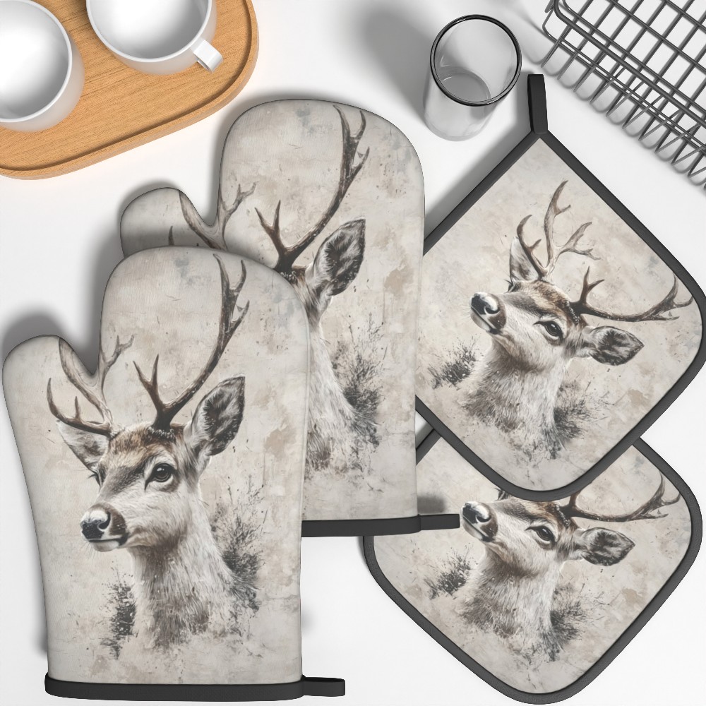 TEMU 4pcs 10.6*6.7 Inch Heat Resistant Oven Mitts And Pot Holders Winter Soft Deer Antlers Background Texture Kitchen Oven Mitts Suitable For Cooking