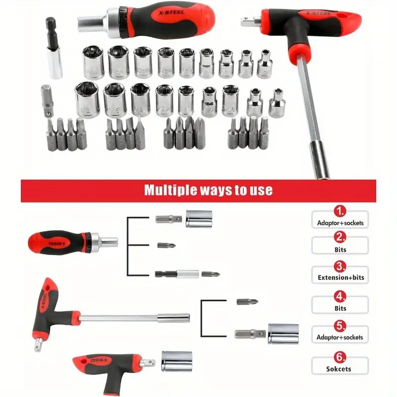 38pcs heavy-duty magnetic ratcheting screwdriver & socket set with t-handle ratchet, sockets & bits - mechanic s tool kit for home, car, motorcycle, bike repair - ergonomic grip, durable construction, portable case included (no power required) - ideal for diy & professional mechanics, bulk hand tool kit, industrial work, home , professional-grade, men car repair, bike mechanics Product details 4