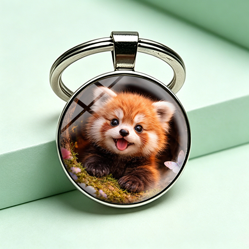 TEMU 1pc Cute Red Panda In Round Glass Dome Keyring Fashion Handmade Backpack Car Keychain Unisex Gifts