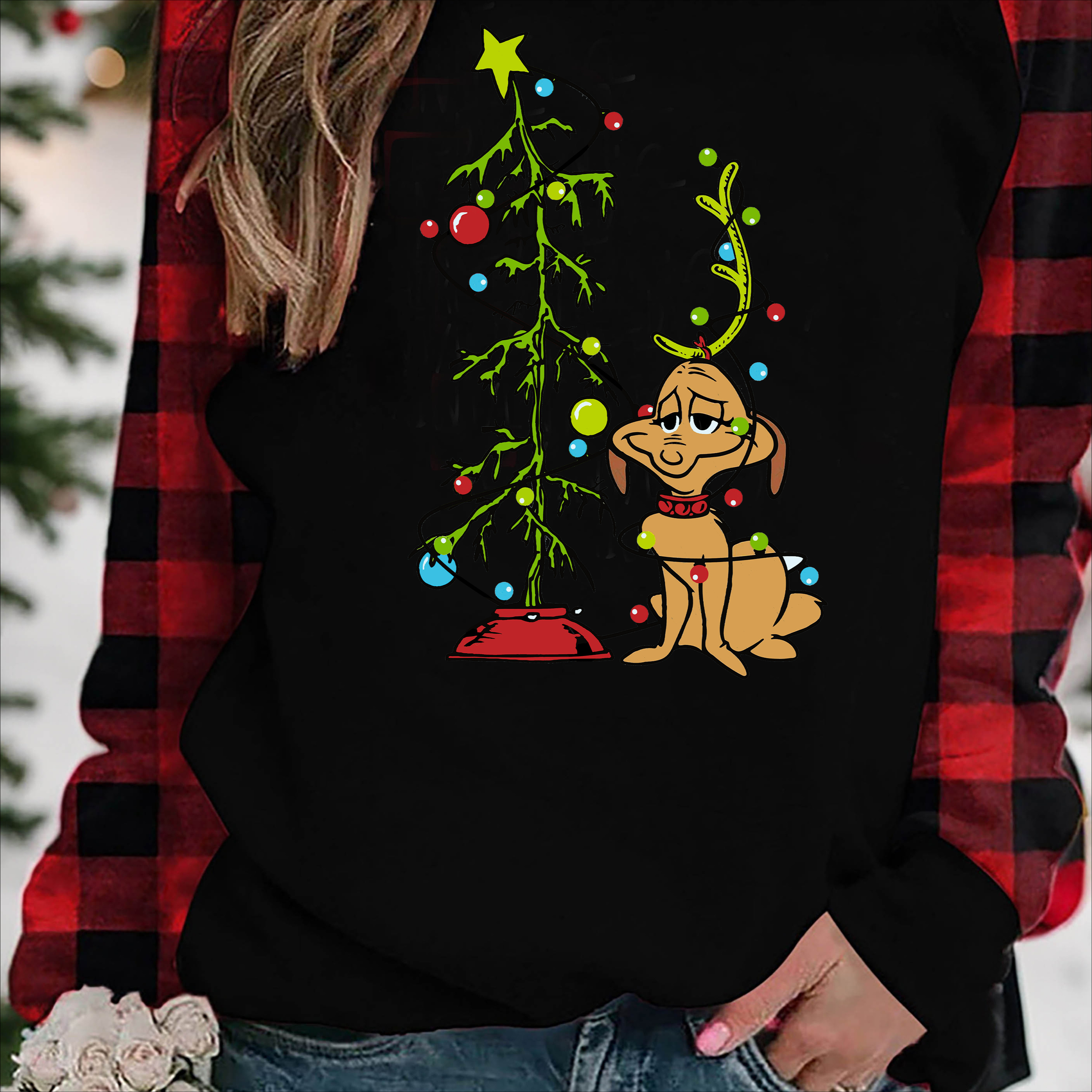

Women's Christmas Tree And Dog Print Long Sleeve T-shirt, Casual Crew Neck, Polyester Knit Fabric With Medium Stretch, Alphabet Pattern, For All