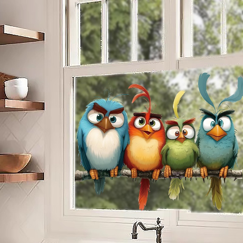 TEMU 2d Flat - 2d Flat - 2d Style Colorful Feathered Birds Pattern Static Glass Sticker, Trendy And Personalized Glueless Decor Sticker For Home And