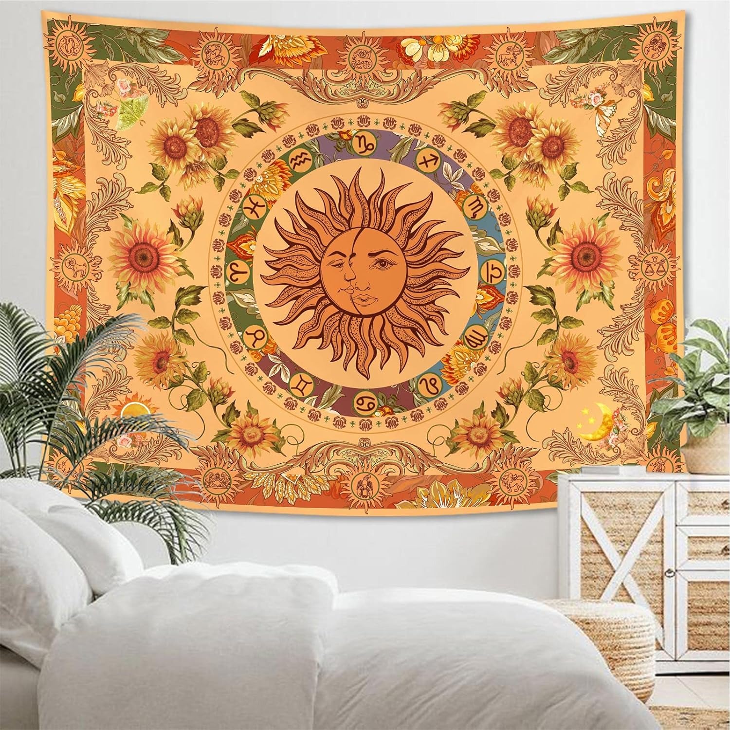 Bohemian Retro Sun Tapestry With Sunflower Butterfly And Moth_voghion.com