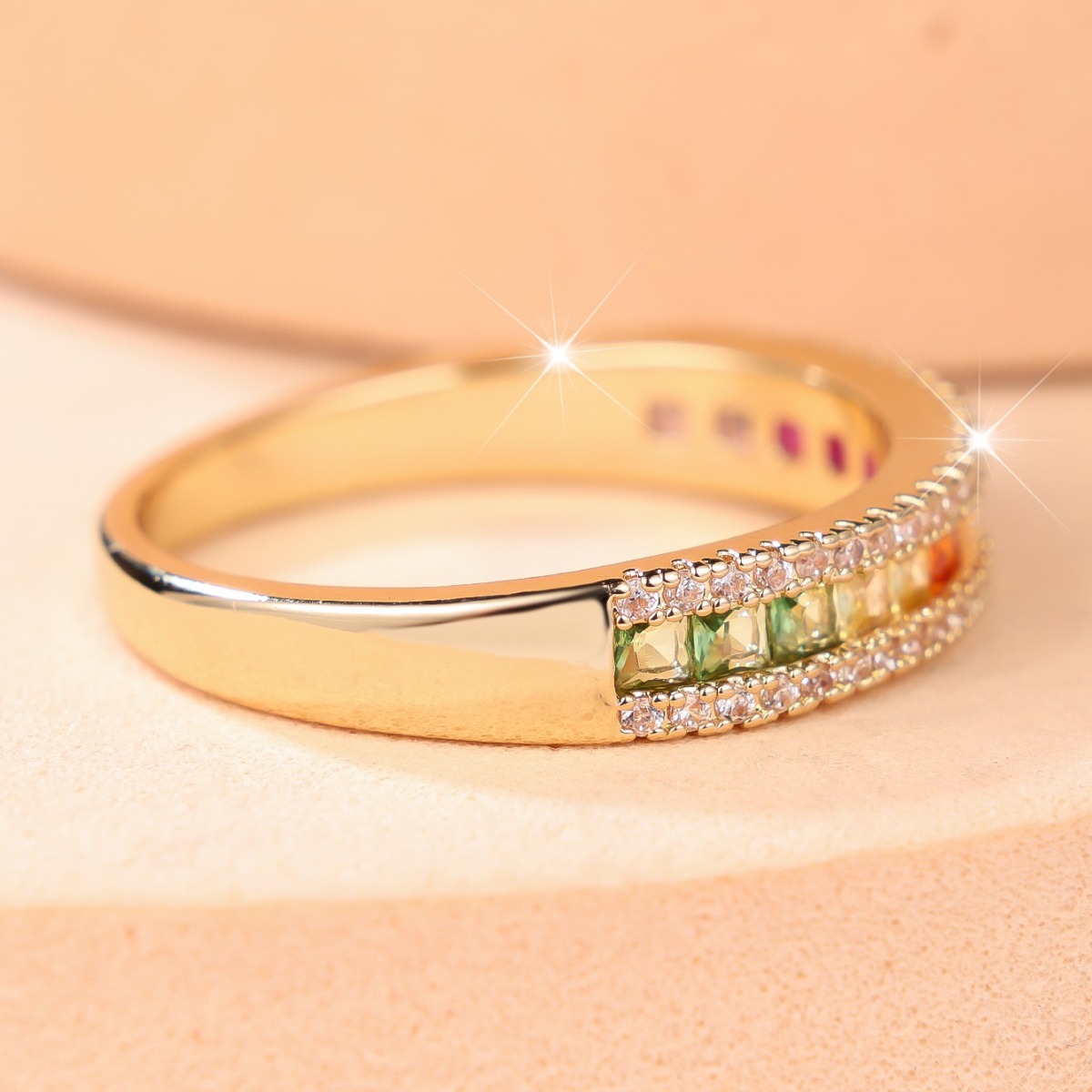 Chic Trendy Rainbow Square Stone Thin Band Ring