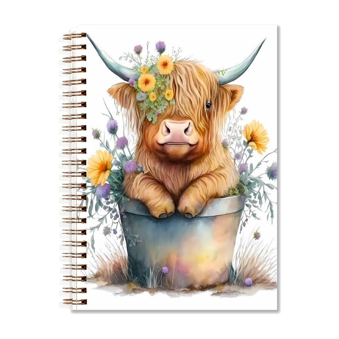 

1pc Highland Cow Floral Pot Design Spiral-bound Notebook, 5.5x8.3 Inches, 50 Lined Pages, Hardcover Journal For Office, School, Gifts