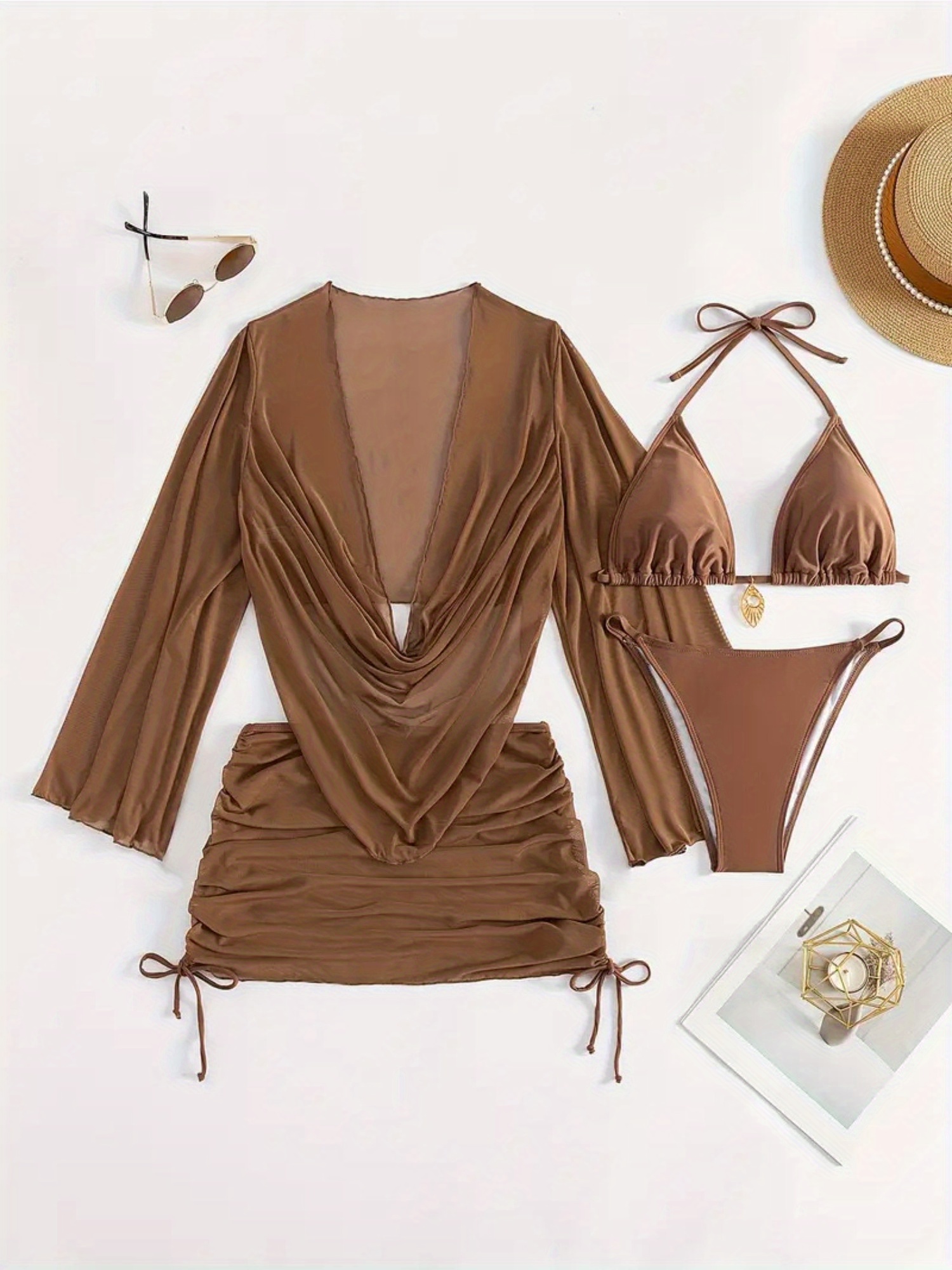 4pcs sheer mesh sexy swimwear set tie front bikini with matching cover up sarong