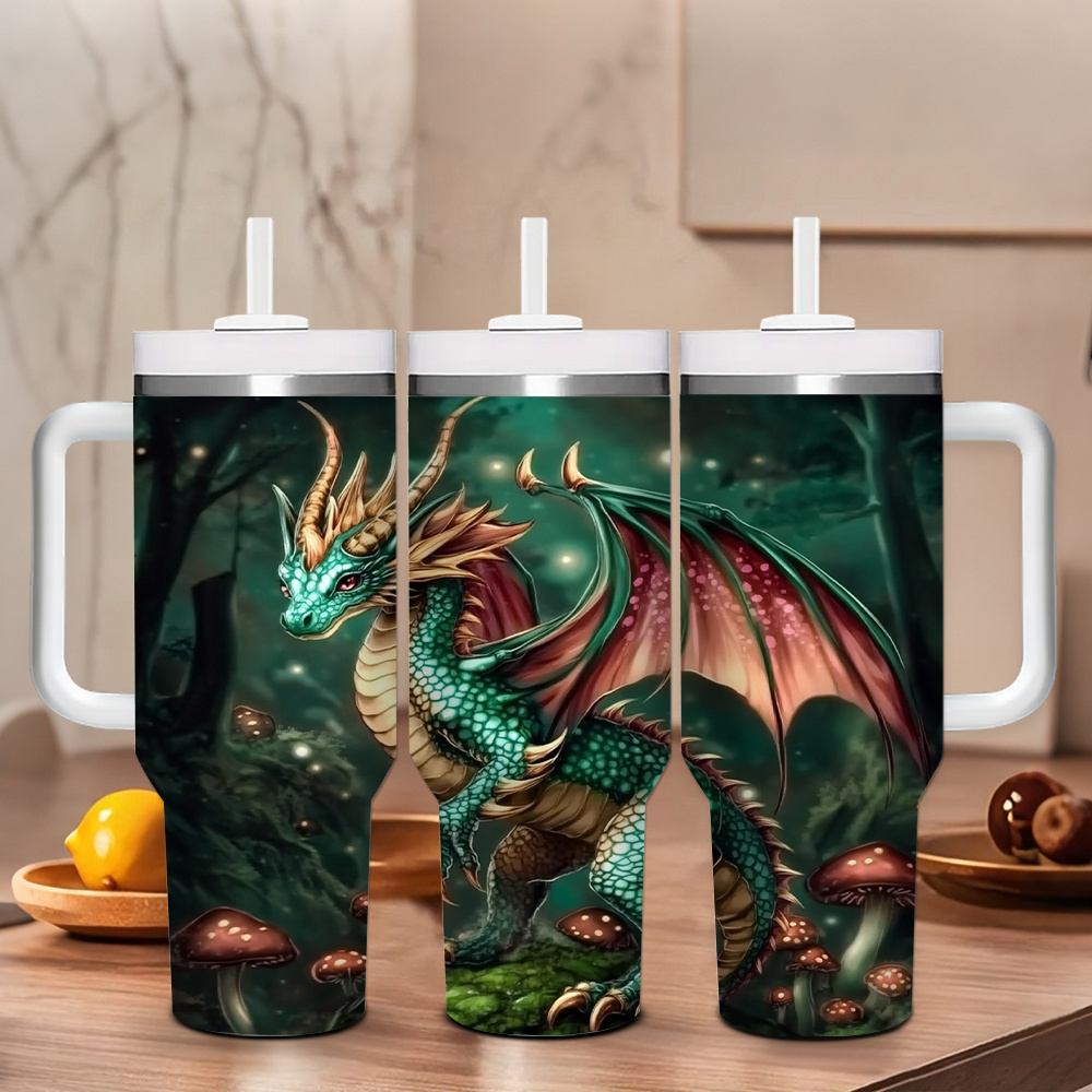 

1pc 40oz Dragon-themed 304 Stainless Steel Insulated Water Bottle With Handle, Lid & Straw - Vacuum Sealed Travel For Hot And Cold Beverages, Office & Home Use