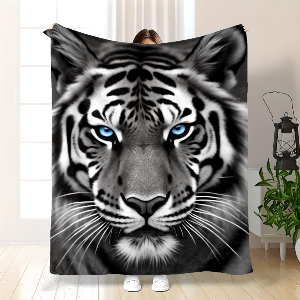 TEMU 1pc King Size Luxury Plush Tiger Throw Blanket | Extra Large Luxury With Soft Polyester Flannel-like Texture, Black & White For Bedroom Living