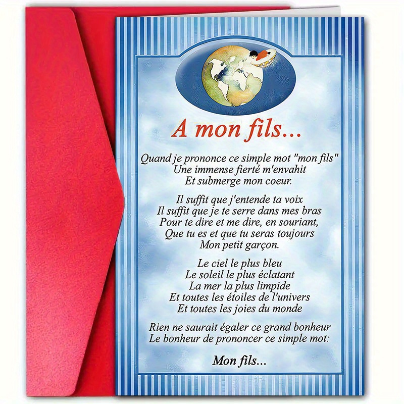 TEMU 1 carte d'anniversaire de style français avec enveloppe – Message des parents et de au fils, design et adorable, parfait pour les anniversaires,