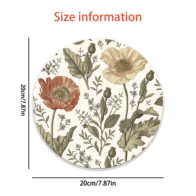 TEMU 1pc Vintage Floral Plant Print Mouse Pad | 7.87*7.87in Round Rubber Desk Mat, Aesthetic Office Gaming Additions, Suitable For Laptop Computer,