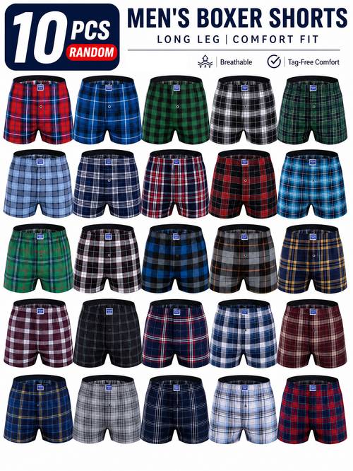 imagen del artículo aleatorio de 10 bóxers largos para hombre, de tela tejida, ropa interior larga de casa holgada y cómoda con diseño de botón, pantalones cortos y fáciles de poner para hombre