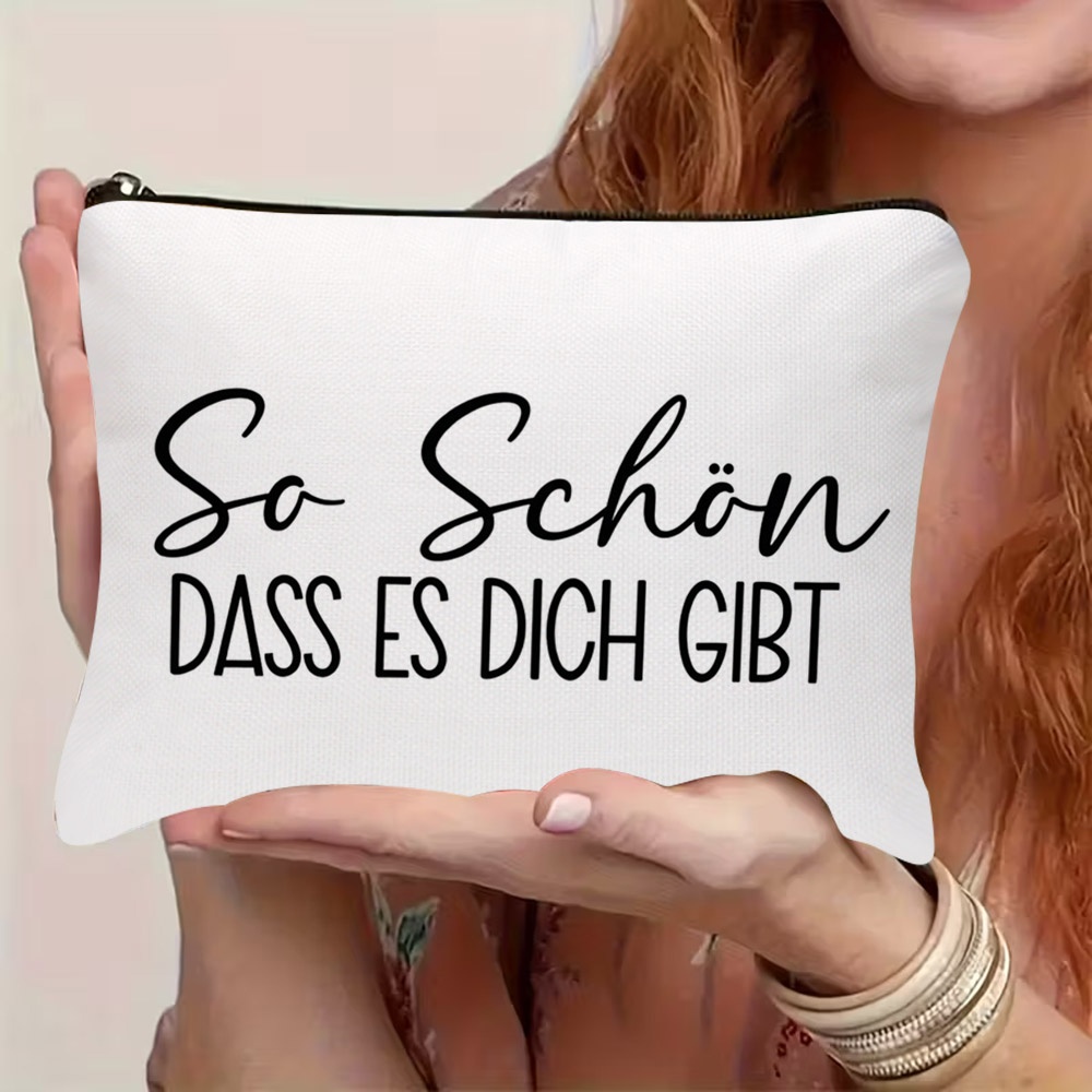TEMU 1pc 2d Flat Double-sided Printed Cosmetic Bag, With German Text "so Schön Dass Es Dich Gibt" On White Background, Made Of Durable Polyester,