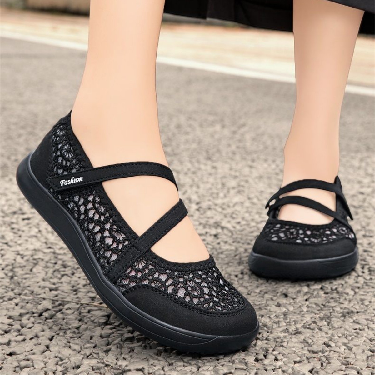 TEMU Women's Summer Hollow-out Lace Mesh Casual Sneakers, Comfortable Soft-soled Flat Shoes, Breathable Cross-strap Walking Shoes For Middle-aged And