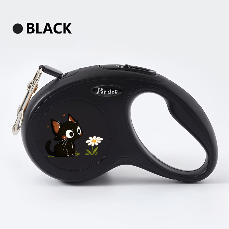 TEMU Black Cat And Daisy Pattern Retractable , Meters Long Non-tangled Anti-entanglement Automatic Dog Leash, Arc-shaped Comfortable Handle