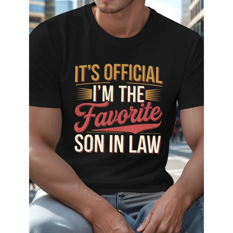 

Men's Plus Size Summer T-shirt, "i'm The In Law" Print, Casual Short Sleeve Tee, Polyester, Regular Fit, Crew Neck, Geometric Pattern, Adult Fashion Top