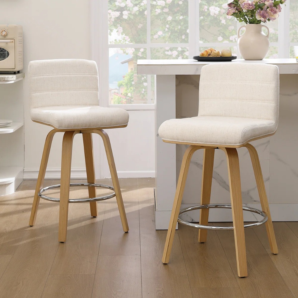 Pair of Contemporary Bar Stools Featuring Backs, Rotating Counter-Height Design, Upholstered Fabric for Kitchen Islands, Sturdy Wooden Legs, Ideal for Home Kitchens And Pubs
