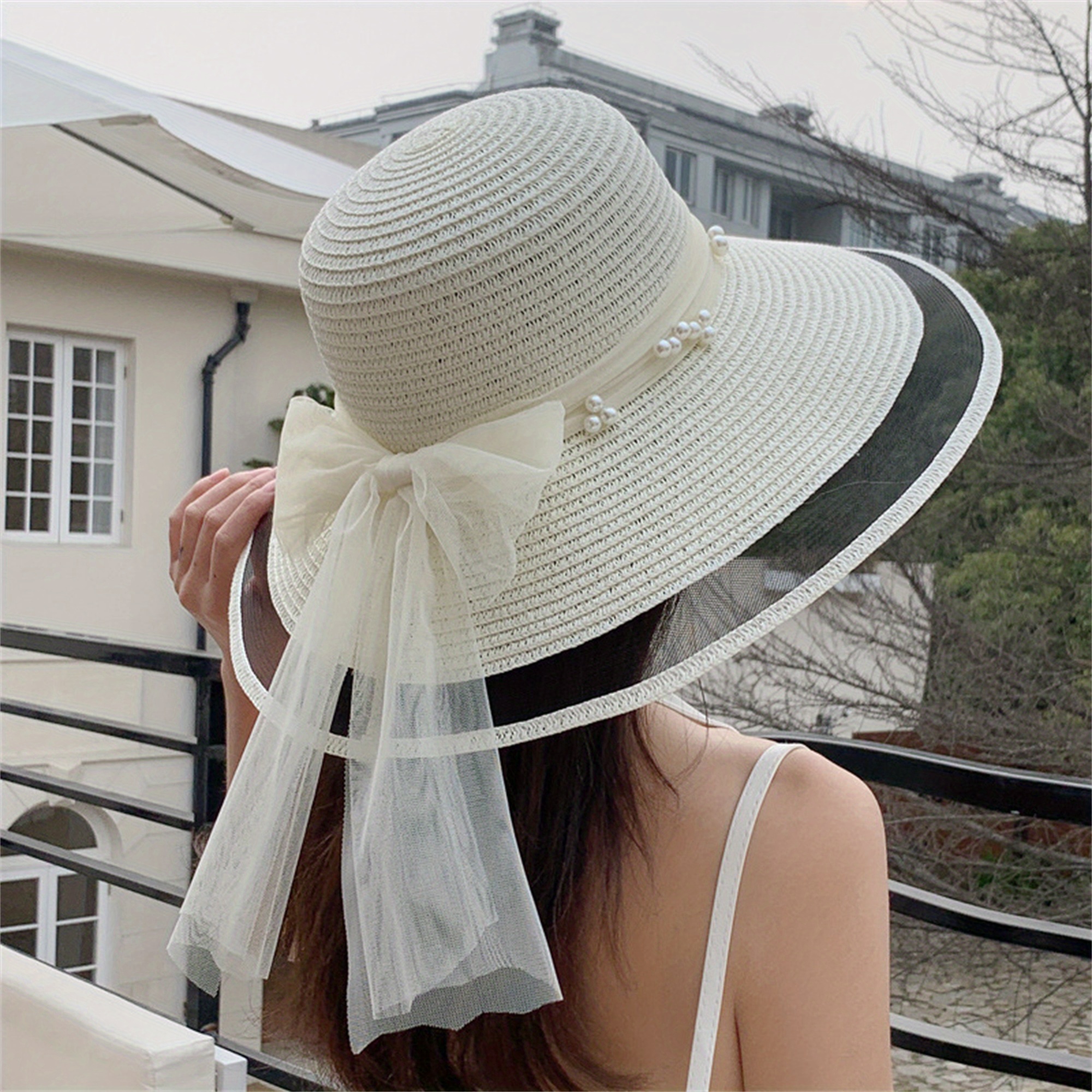elegant women s wide brim straw sun hat sweet bow Temu