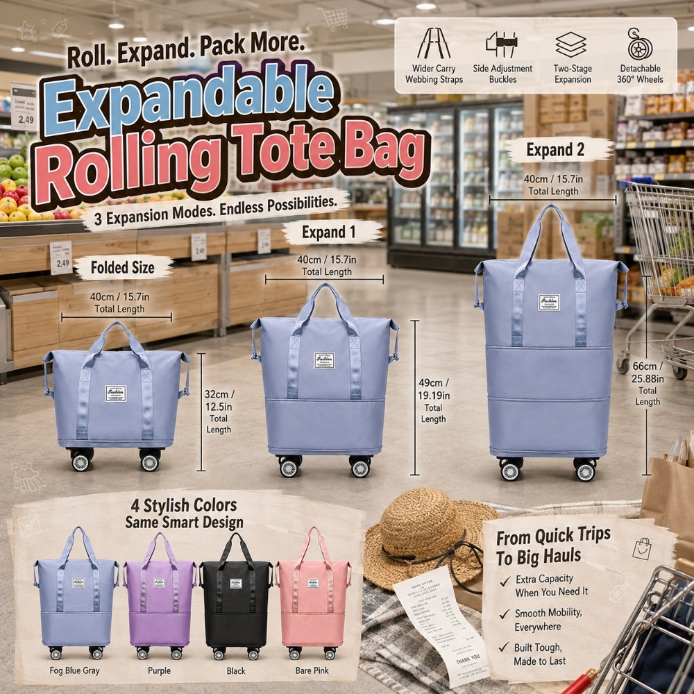 3 expandable wheeled luggage tote bag wear resistant portable handheld rolling bag reusable supermarket shopping cart bag multi purpose travel carry on bag Product details 2