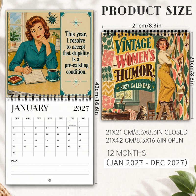 TEMU 2027 Vintage Women' Humor Wall Calendar - Spiral-bound Hanging Planner With Daily Sayings & Retro Household , Thick Paper Suitable For Home