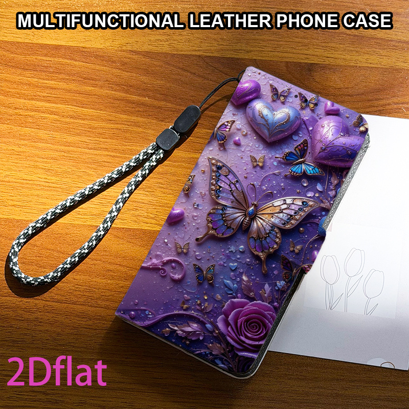 TEMU Phone Case: [2d Flat] Magnetic Flip Wallet Phone Case With Card Slot And Lanyard, Purple Pattern, Suitable For Galaxy A81/a73