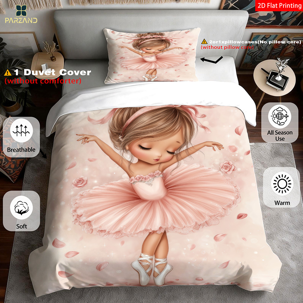 TEMU 2d Flat 2/3pcs Printing Pink Tutu Ballerina For Bedroom Decor, Bedding Quilt Cover Pillowcases (1*duvet 1/2*pilowcases, Without Core)., 2d Flat