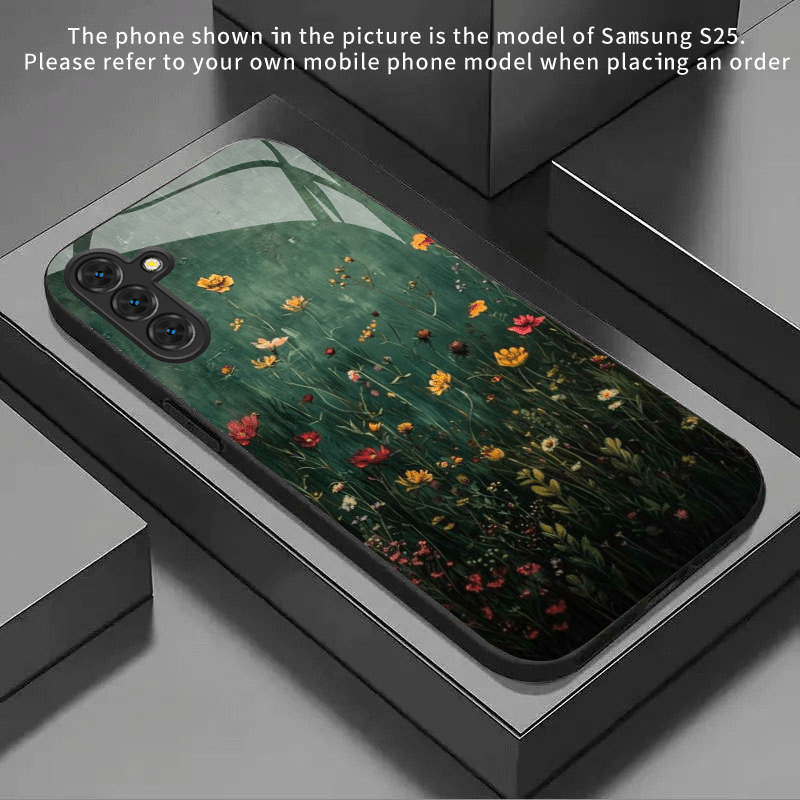 Ohišje za telefon: čRrno ohišje z vzorcem divjih cvetov, kaljeno steklo za for Samsung Galaxy S25 Ultra/S25+/S25 FE/S25/S24 Ultra/S24+/S24