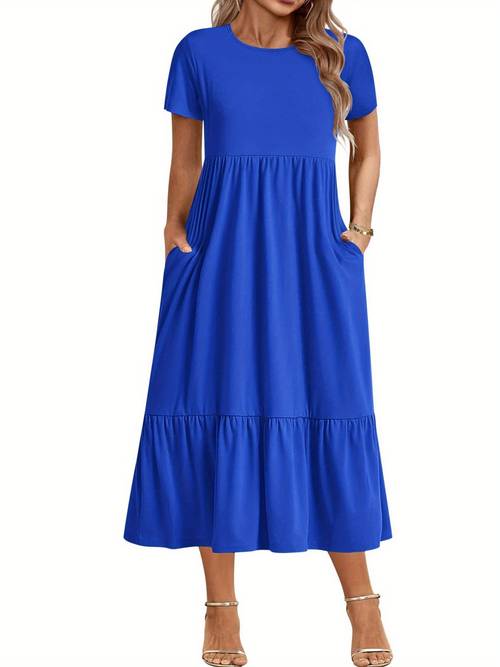 womens plus size flowy maxi dress casual short sleeve loose fit with pockets solid green hem lightweight polyester blend for spring summer fall spring outdoor attire pullover dress elastane fit
