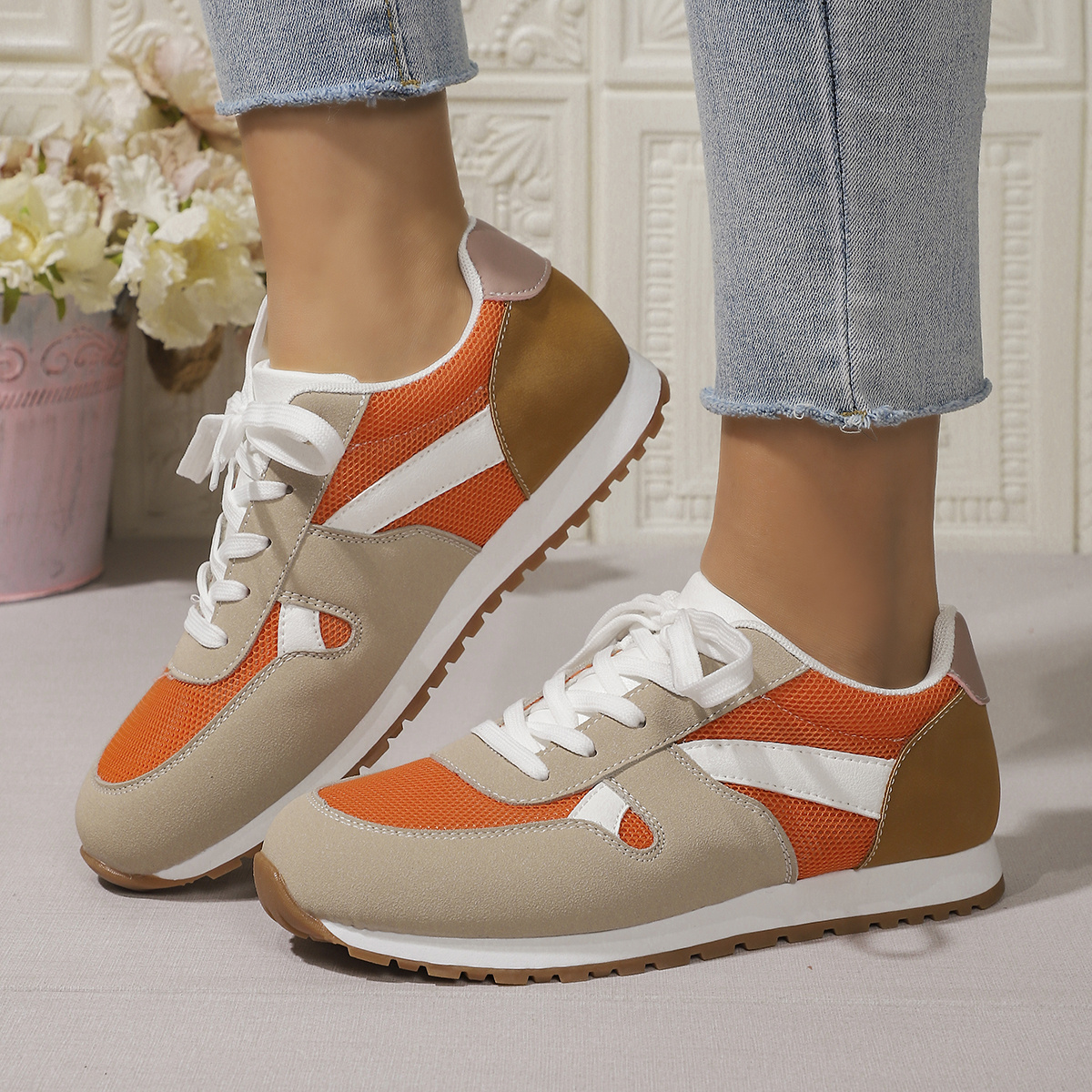 

Casual Attire| Women's Casual Athletic Sneakers - Lightweight, Breathable Fabric & Cover, , Lace-up, Low-top In /orange/white - All