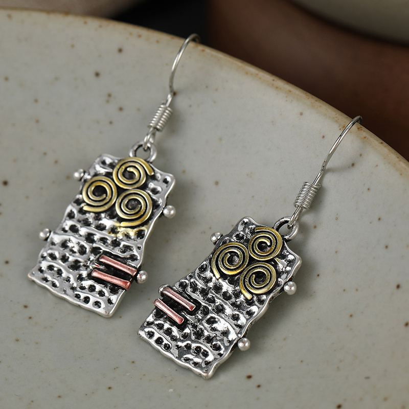 Women's Vintage Textured Rectangle Dangle Earrings, Two-Tone Design