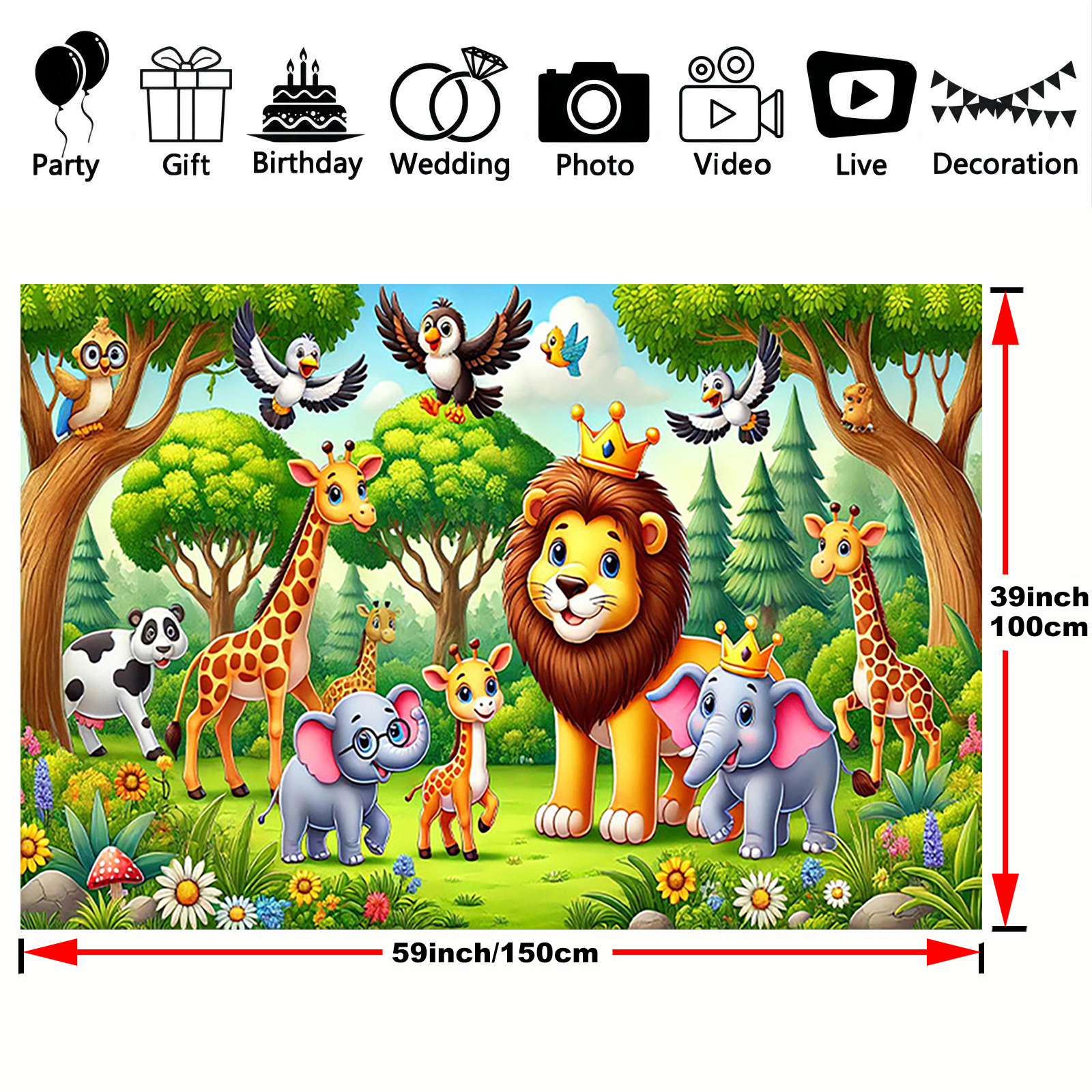 TEMU 1pc Multifunctional Polyester Celebration Backdrop - Jungle Animal Theme, Durable No-power-needed Party Wall Hanging For Weddings, Birthdays,