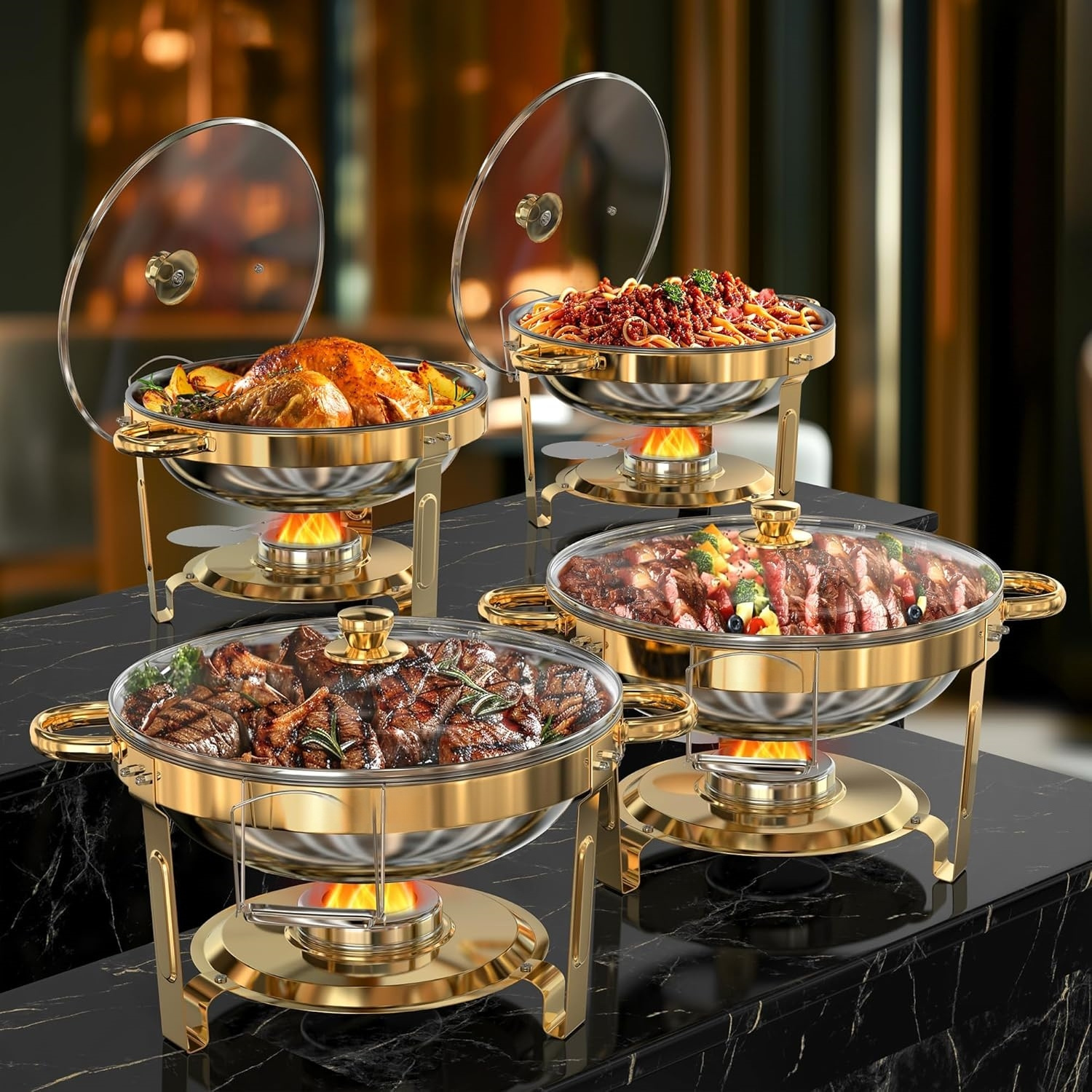E-shop 2/4 Stück Buffet-Warmhalteplatten-Set, 5QT Upgrade Edelstahl-Warmhalteplatten mit goldenen Akzenten Glasdeckel & Deckelhalter für Partys,