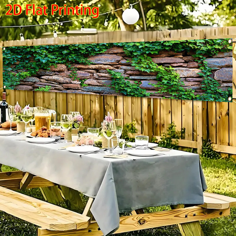 TEMU 2d Flat - 2d Flat - 1pc In Summer, Stone Walls And Green Vine Patterns 2d Pattern Fence Banner Decoration Flag, Outdoor Party For Festivals And