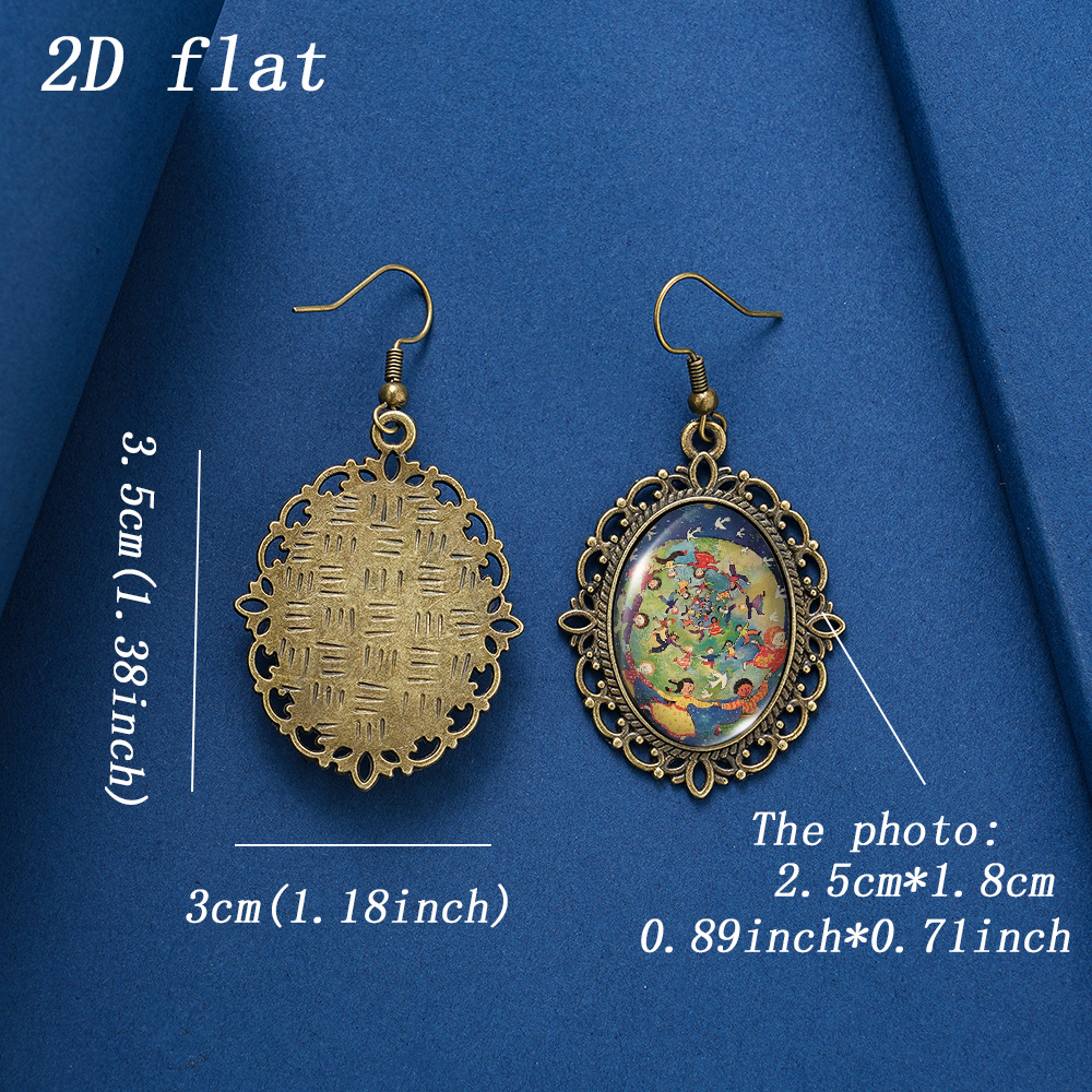 Oval Lace Framed Time Gem Glass Inlay Earrings, Ideal Gift