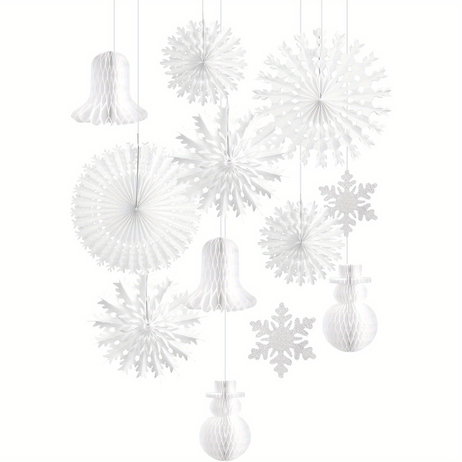 Image of Set Of 13 White Winter-themed Decorations Including Pom Poms, Snowflakes, And Santa Claus For Christmas And New Year's Eve Celebrations