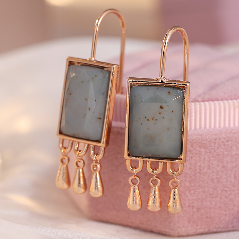 TEMU Pendientes colgantes retro cuadrados con borlas para mujer, hechos de material de resina con de feldespato simulado, pendientes de personalidad,