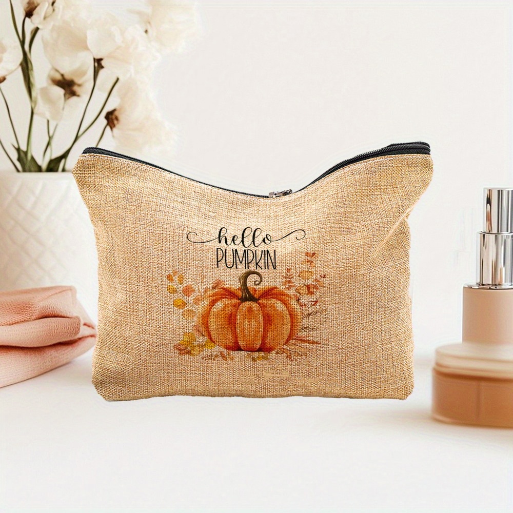 TEMU Bolsa de Maquillaje de Calabaza de Otoño con Estampado de Acción de Gracias, Estuche de Cosméticos de Poliéster Elegante con Cremallera,