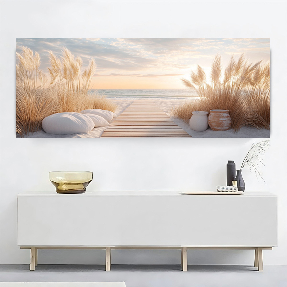 TEMU 2d Flat, 2d Flat, 2d Flat Large Canvas Wall Art Featuring A 2d Flat Design Of A Beach Sunset With A Wooden Path. This Modern Retro Piece Is A