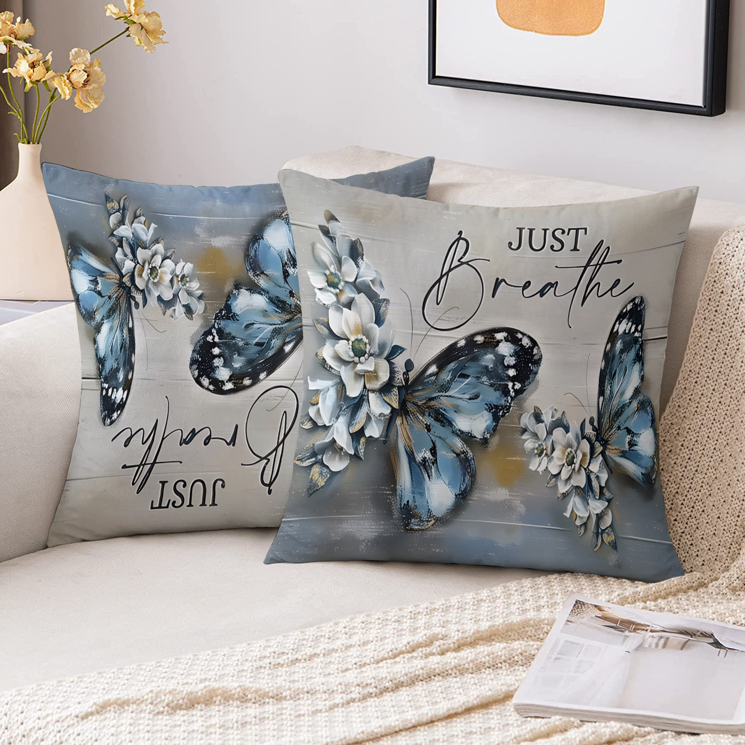 

2pcs Soft Plush Throw Pillow Covers, 18"x18" - Floral Print With "just Breathe" , Style, Easy-clean Polyester, Zippered, For Living Room & Bedroom Decor (inserts Not Included), Decorative Pillows