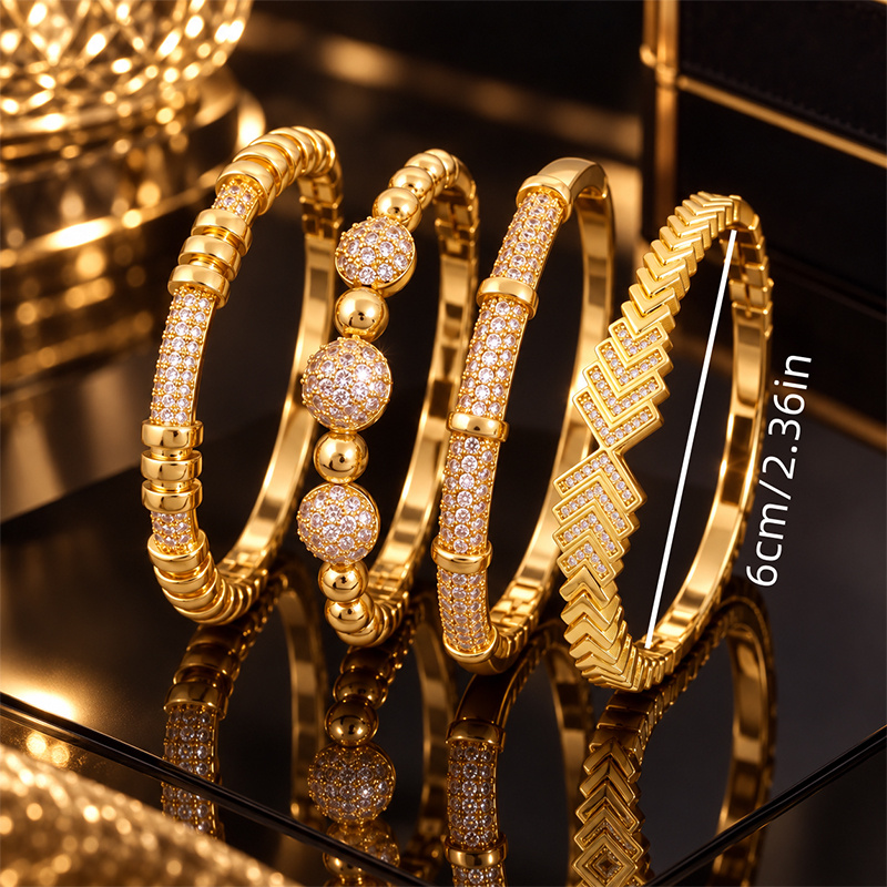 Unique V-pattern 4pcs Bangle Set, Mixed Bead & Inlaid Design