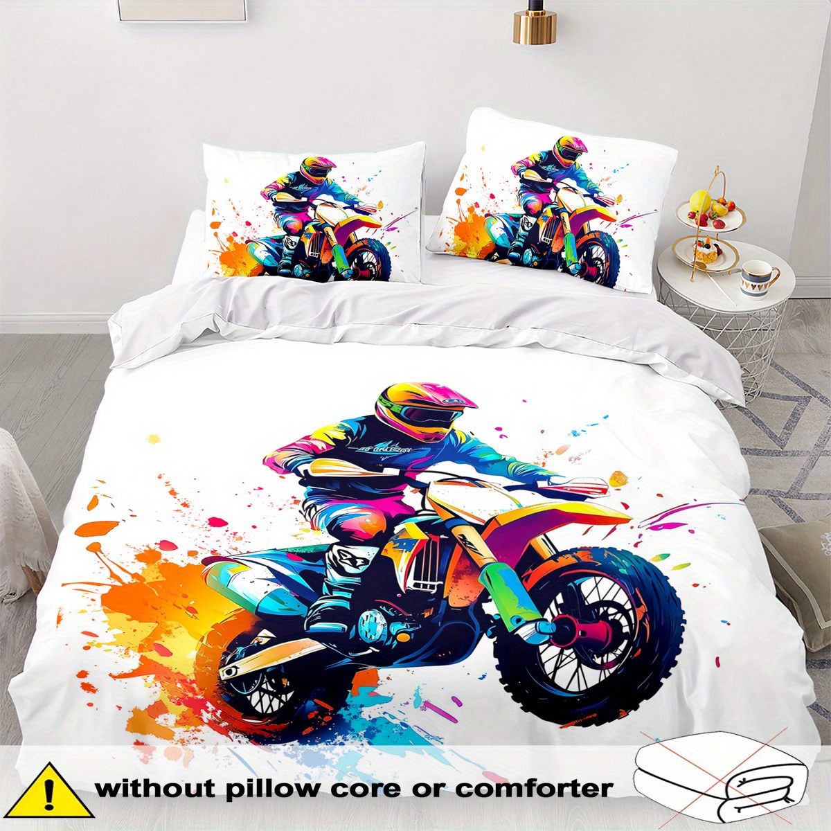 TEMU Juego de Nórdica con Tema de Motocicleta - 2/3 Piezas, , y Transpirable, Juego de Ropa de Cama con Estampado de Motocicletas de Carreras, Estilo
