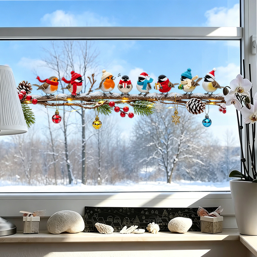 TEMU 1pc Cute On Christmas Tree Combined With Christmas Window Decoration Stickers, Winter Snow Scene Glass Door Stickers, Suitable For Home Party