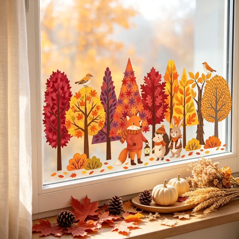 TEMU 2d Flat, 2d Autumn Colorful Forest Fox Hedgehog Rabbit Bird Falling Leaves Static Window Sticker, Glue-free Double-sided Glass Window Decor For